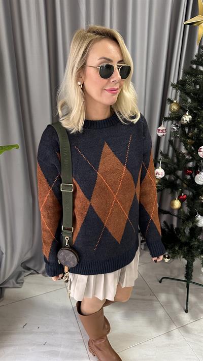 BAKLAVA DESEN LACİVERT KİREMİT KAZAK