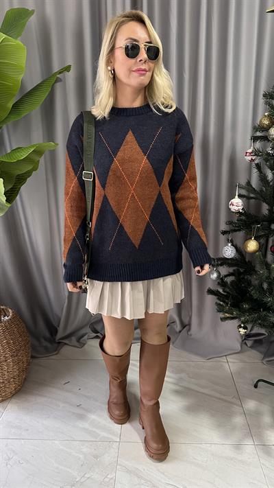 BAKLAVA DESEN LACİVERT KİREMİT KAZAK