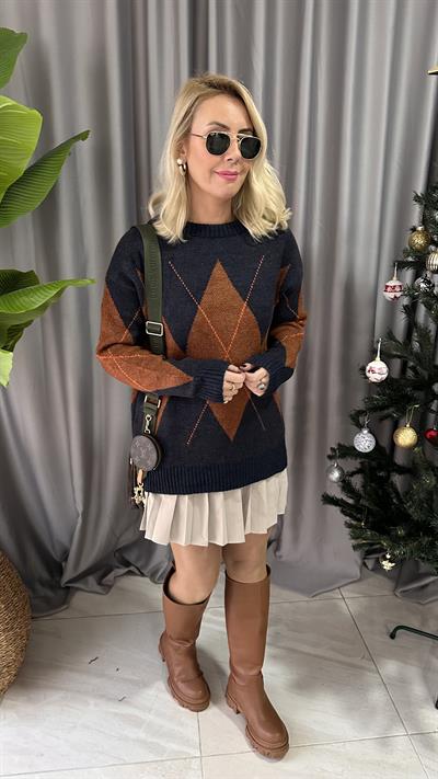 BAKLAVA DESEN LACİVERT KİREMİT KAZAK