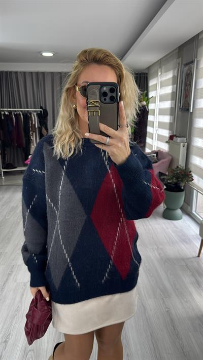 Baklava Desen Lacivert Kırmızı Triko Kazak