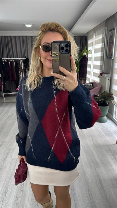 Baklava Desen Lacivert Kırmızı Triko Kazak