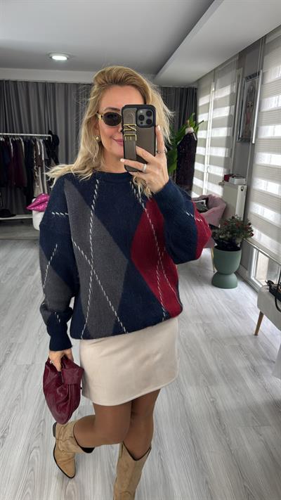 Baklava Desen Lacivert Kırmızı Triko Kazak