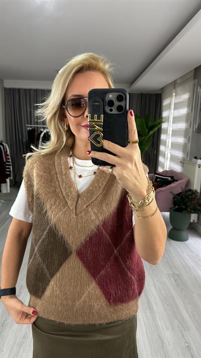 Baklava Desen V Yaka Bej Süveter