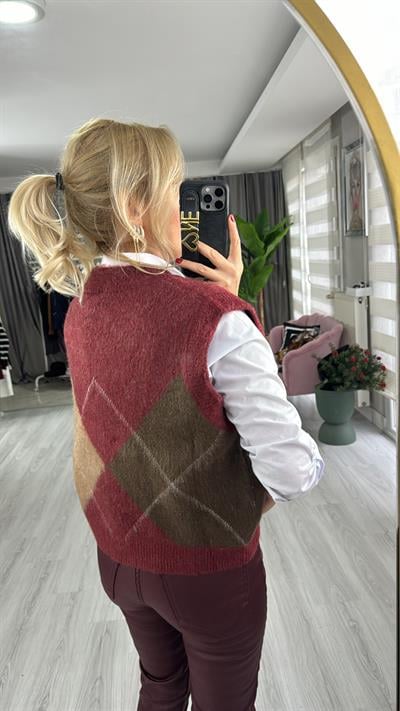 Baklava Desen V Yaka Bordo Süveter