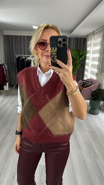 Baklava Desen V Yaka Bordo Süveter