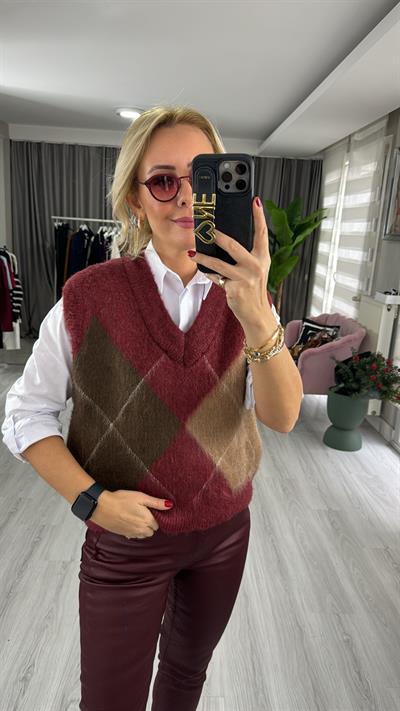 Baklava Desen V Yaka Bordo Süveter