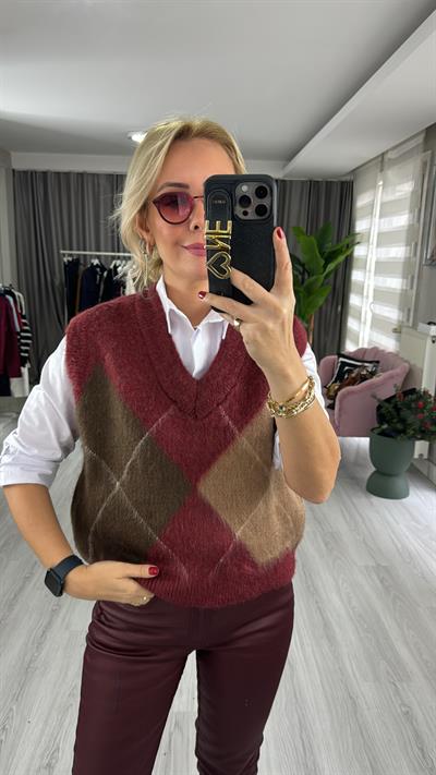 Baklava Desen V Yaka Bordo Süveter
