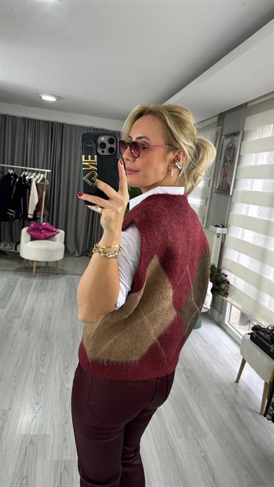 Baklava Desen V Yaka Bordo Süveter