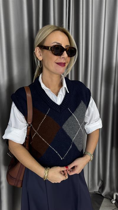 Baklava Desen V Yaka Lacivert Acı Kahve Süveter