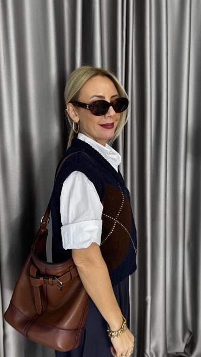 Baklava Desen V Yaka Lacivert Acı Kahve Süveter