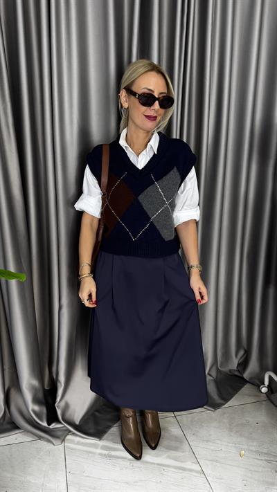 Baklava Desen V Yaka Lacivert Acı Kahve Süveter