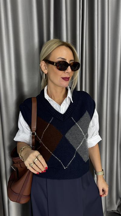 Baklava Desen V Yaka Lacivert Acı Kahve Süveter