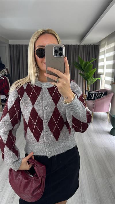 Baklava Desenli Bordo Gri Triko Hırka