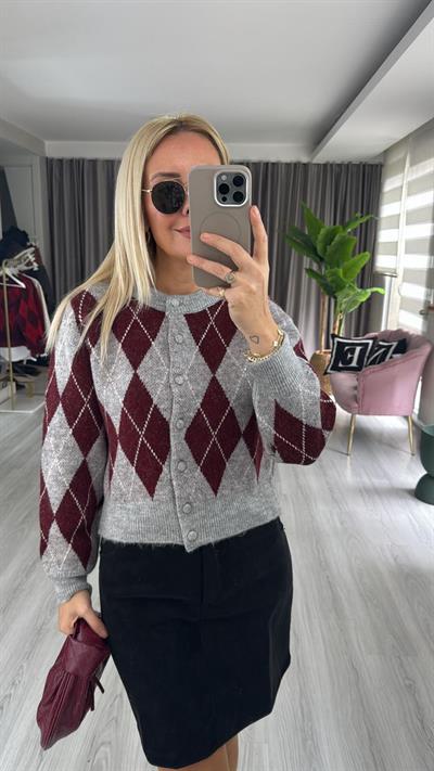 Baklava Desenli Bordo Gri Triko Hırka