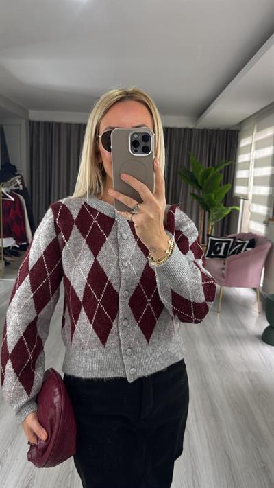 Baklava Desenli Bordo Gri Triko Hırka