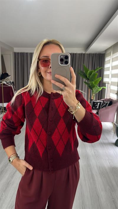 Baklava Desenli Bordo Kırmızı Triko Hırka