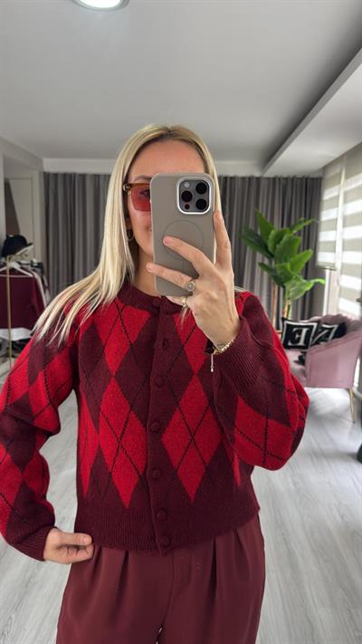 Baklava Desenli Bordo Kırmızı Triko Hırka