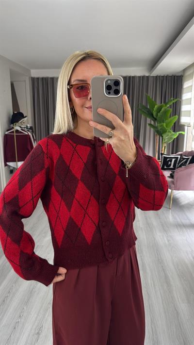 Baklava Desenli Bordo Kırmızı Triko Hırka