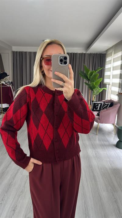 Baklava Desenli Bordo Kırmızı Triko Hırka