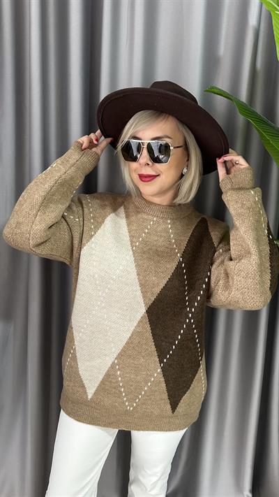 BAKLAVA DESENLİ CAMEL KAZAK