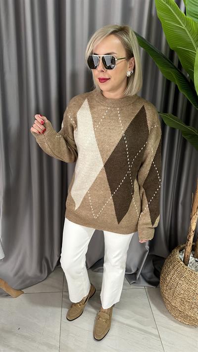 BAKLAVA DESENLİ CAMEL KAZAK