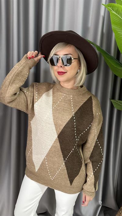 BAKLAVA DESENLİ CAMEL KAZAK