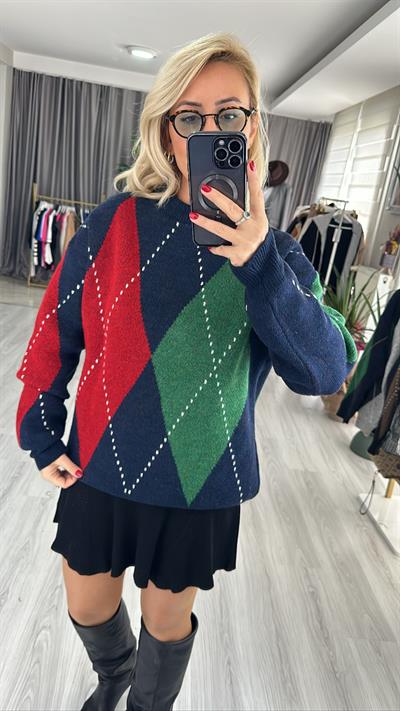 BAKLAVA DESENLİ LACİVERT KIRMIZI KAZAK