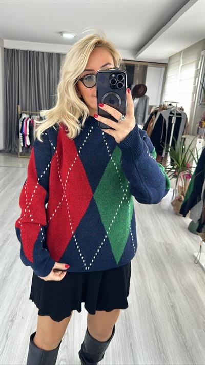 BAKLAVA DESENLİ LACİVERT KIRMIZI KAZAK