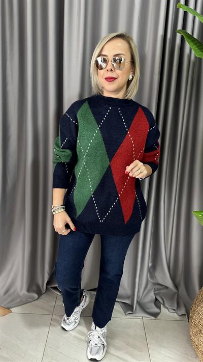 BAKLAVA DESENLİ LACİVERT KIRMIZI KAZAK