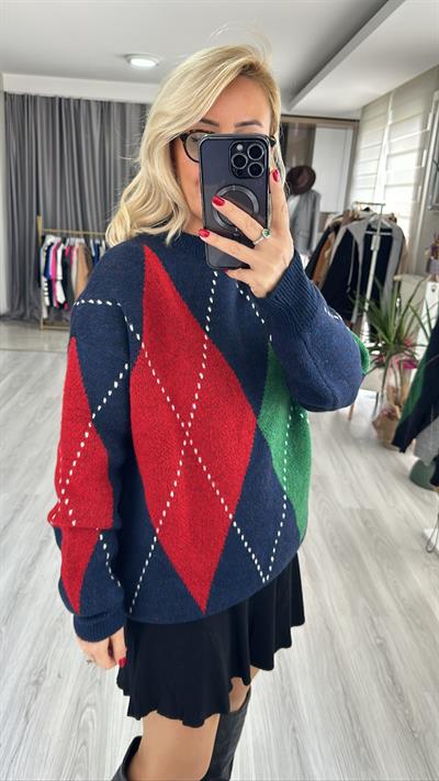 BAKLAVA DESENLİ LACİVERT KIRMIZI KAZAK