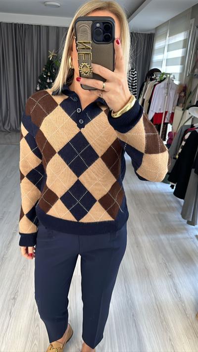 BAKLAVA DESENLİ POLO YAKA KAHVE, LACİVERT TİRKO