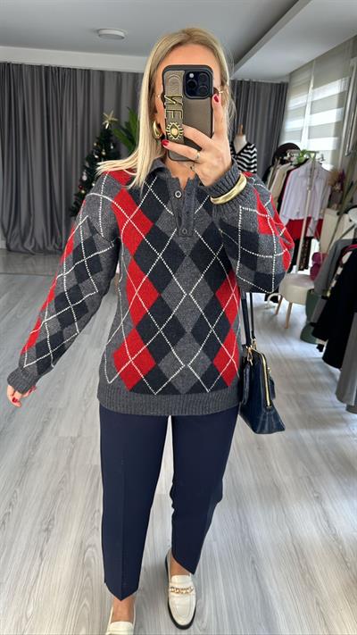 BAKLAVA DESENLİ POLO YAKA KIRMIZI, GRİ TİRKO