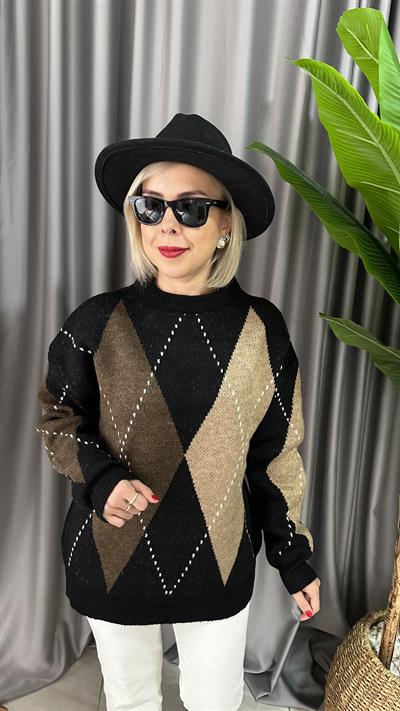 BAKLAVA DESENLİ SİYAH KAZAK