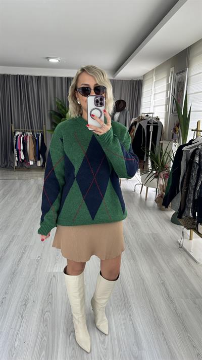 BAKLAVA DESENLİ YEŞİL KAZAK