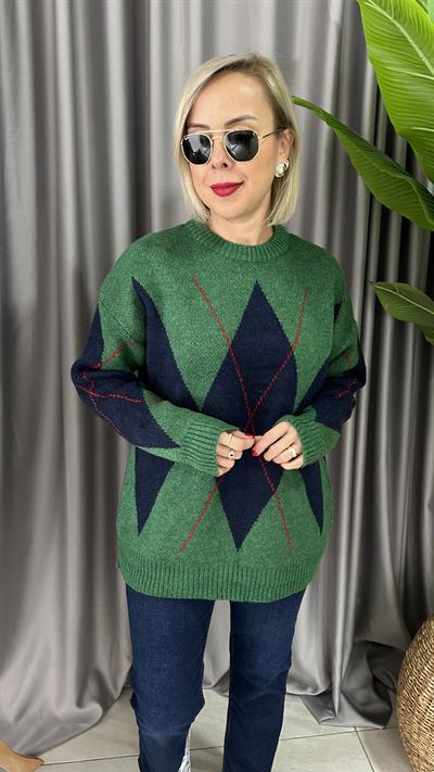 BAKLAVA DESENLİ YEŞİL KAZAK