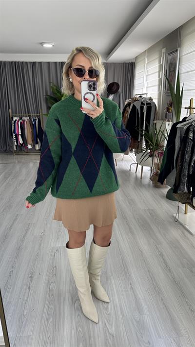 BAKLAVA DESENLİ YEŞİL KAZAK