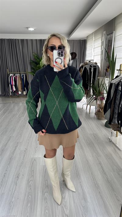 BAKLAVA DESENLİ YEŞİL KAZAK