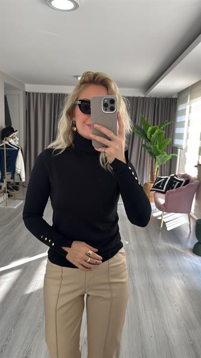 Balıkçı Yaka Kolu Droplu Siyah Dilvin Triko