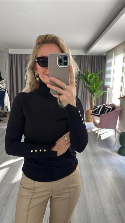 Balıkçı Yaka Kolu Droplu Siyah Dilvin Triko