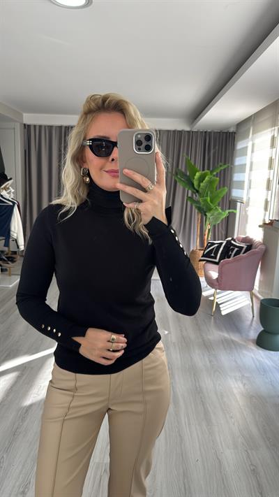 Balıkçı Yaka Kolu Droplu Siyah Dilvin Triko