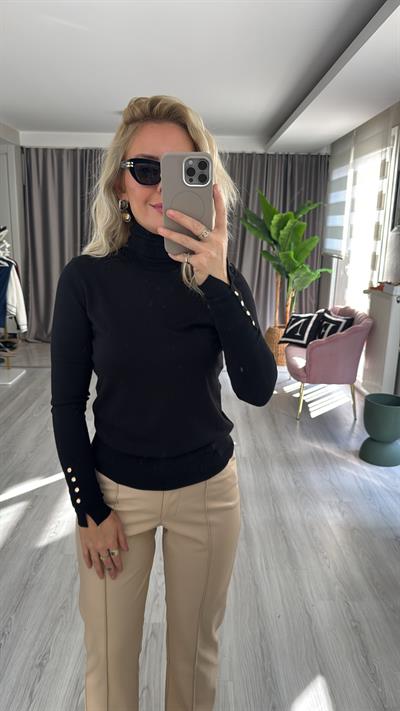 Balıkçı Yaka Kolu Droplu Siyah Dilvin Triko