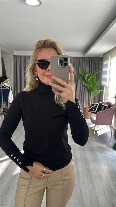 Balıkçı Yaka Kolu Droplu Siyah Dilvin Triko