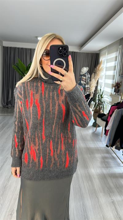 BALIKÇI YAKA SAKALLI TRİKO ANTRASİT / NAR ÇİÇEĞİ