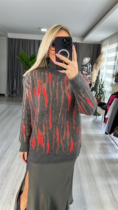 BALIKÇI YAKA SAKALLI TRİKO ANTRASİT / NAR ÇİÇEĞİ