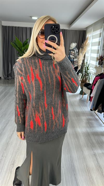 BALIKÇI YAKA SAKALLI TRİKO ANTRASİT / NAR ÇİÇEĞİ