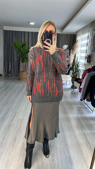 BALIKÇI YAKA SAKALLI TRİKO ANTRASİT / NAR ÇİÇEĞİ