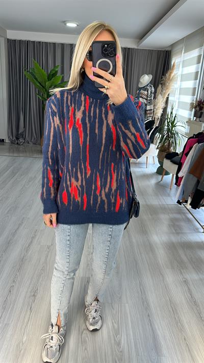 BALIKÇI YAKA SAKALLI TRİKO LACİVERT / KIRMIZI