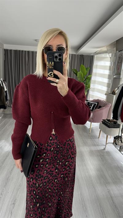 Balon Kol Fermuar Detaylı Bordo Triko