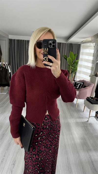 Balon Kol Fermuar Detaylı Bordo Triko