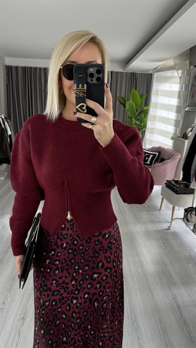 Balon Kol Fermuar Detaylı Bordo Triko